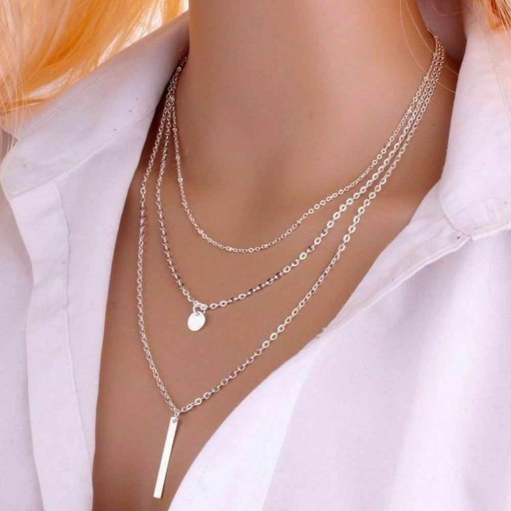Trendy Elegant Silver Multi layer crystal necklace